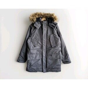 Super Triple Goose Mens Large Gray Parka Jacket Hooded Faux Fur Trim Winter Warm